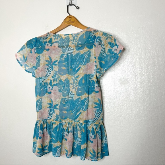 Modcloth Womens Colorful Tropical Floral Print Semi Sheer Short Sleeve Blouse XS - Picture 6 of 6
